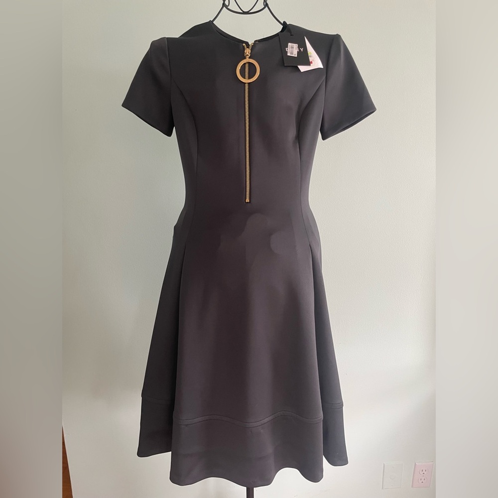 DKNY short sleeves mini dress with gold tone design in charcoal black